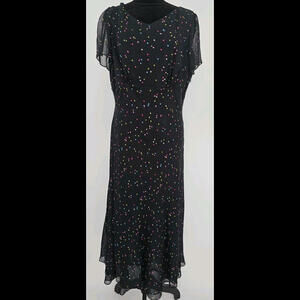 Vintage 90s Y2K Silk Black Dot Print Cap Sleeve Midi Fairy Dress 12‎